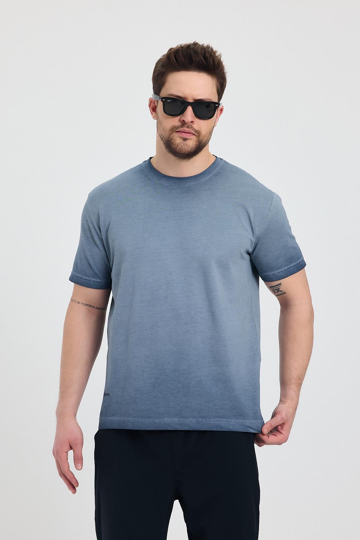 Erkek Lacivert Bisiklet Yaka Yıkamalı Basic T-shirt - 165