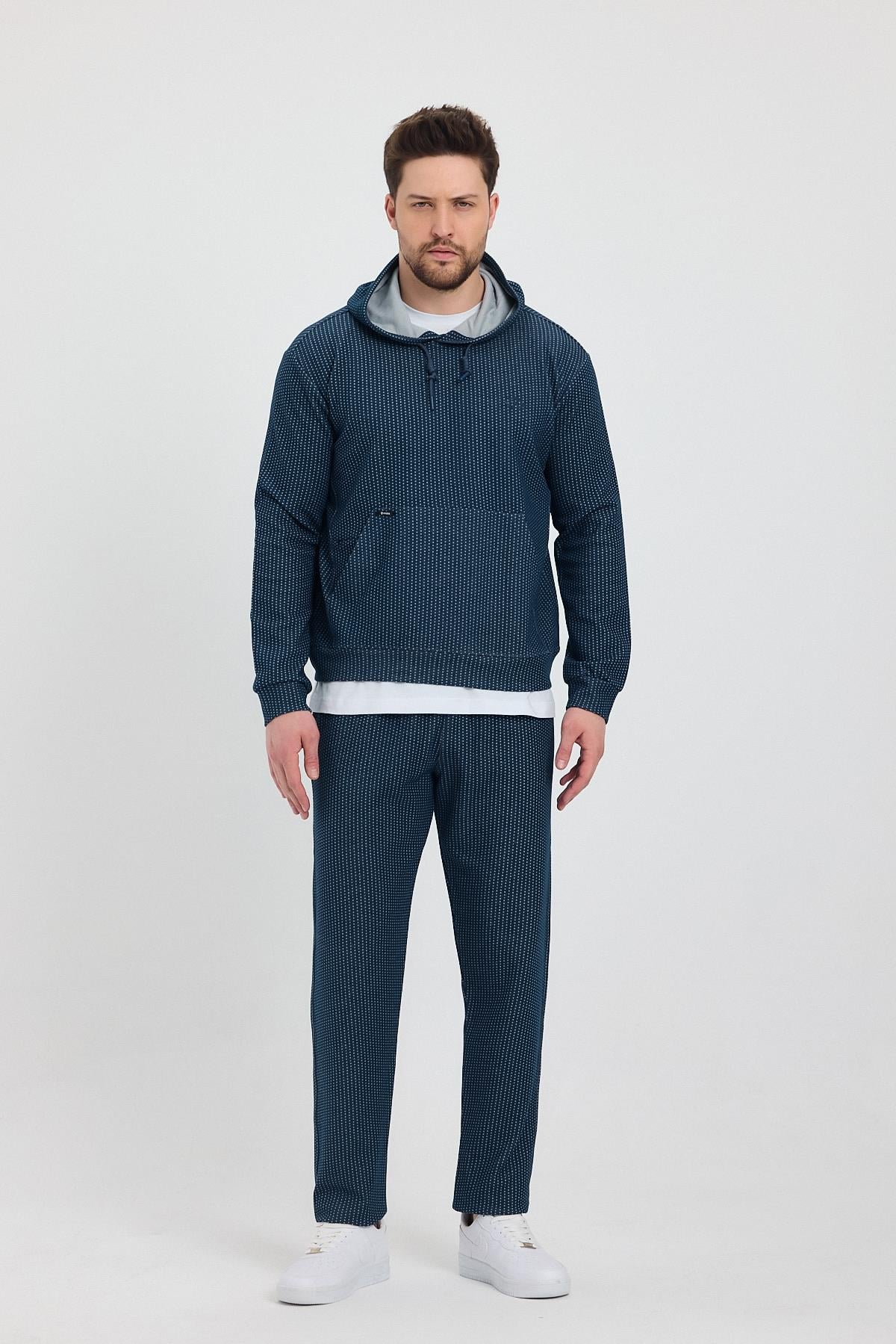 Erkek Petrol Puantiyeli Kanguru Cepli Kapüşonlu Eşofman Takımı  - 7809