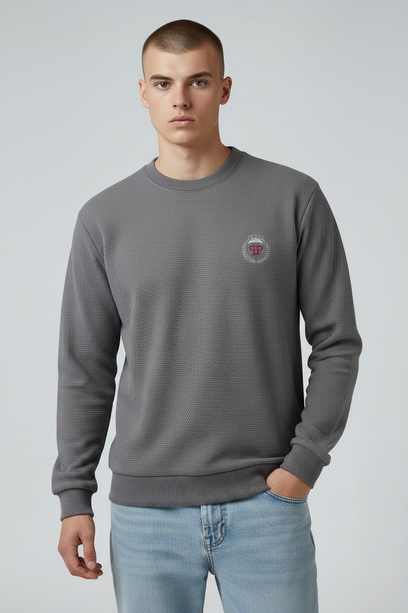Erkek Koyu Gri Mare Jaker Kumaş Bisiklet Yaka Sweatshirt - 76566