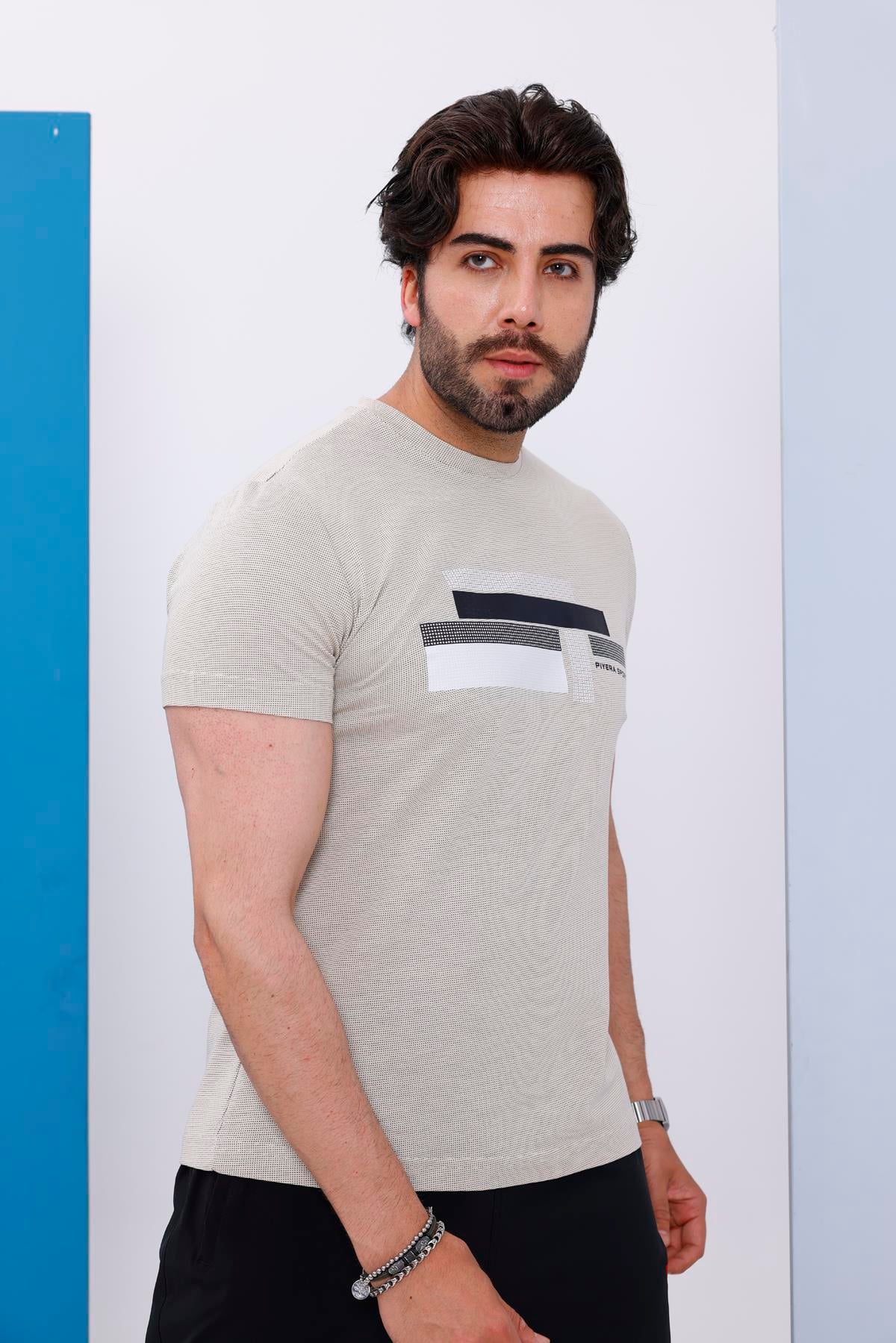 Erkek Bej Bisiklet Yaka Baskılı T-shirt - 170