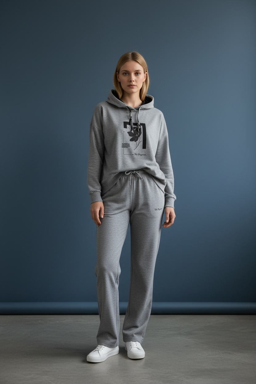 Kadın İki İplik Kapüşonlu Cepli Çiçek Baskılı Geniş Paça Gri Eşofman Takımı - 7794