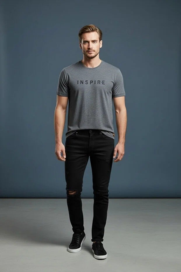 Erkek Mavi Inspire Baskılı Süprem Kumaş Tişört Slim Fit Pamuklu Yazlık Erkek T-Shirt Siyah-181