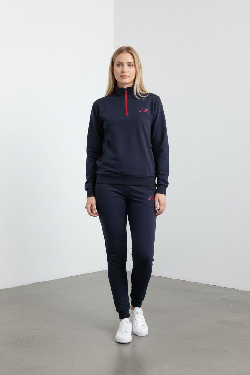 Kadın Lacivert İki İplik Dik Yaka Fermuarlı Eşofman Takımı - 76488