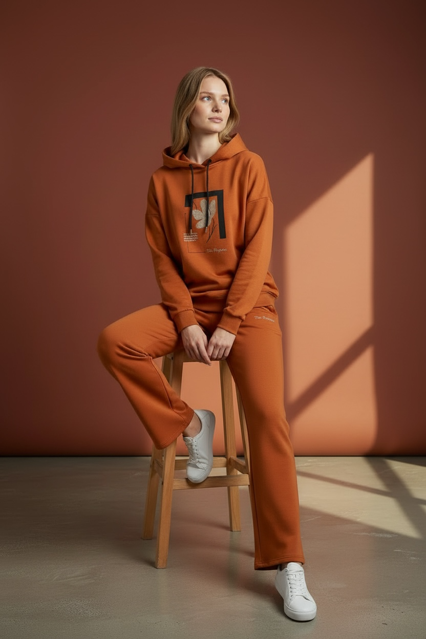 Kadın İki İplik Kapüşonlu Cepli Çiçek Baskılı Geniş Paça Kiremit Eşofman Takımı - 7794