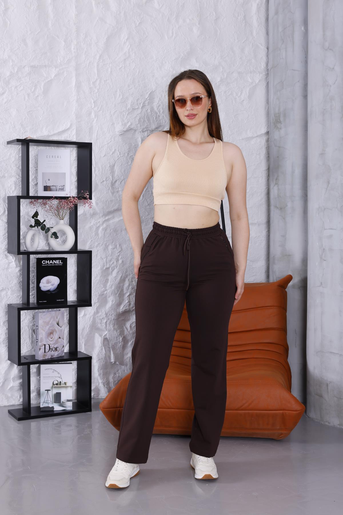 Kadın Büyük Beden Kahverengi Cep Taş Detay Eşofman Altı - 3058