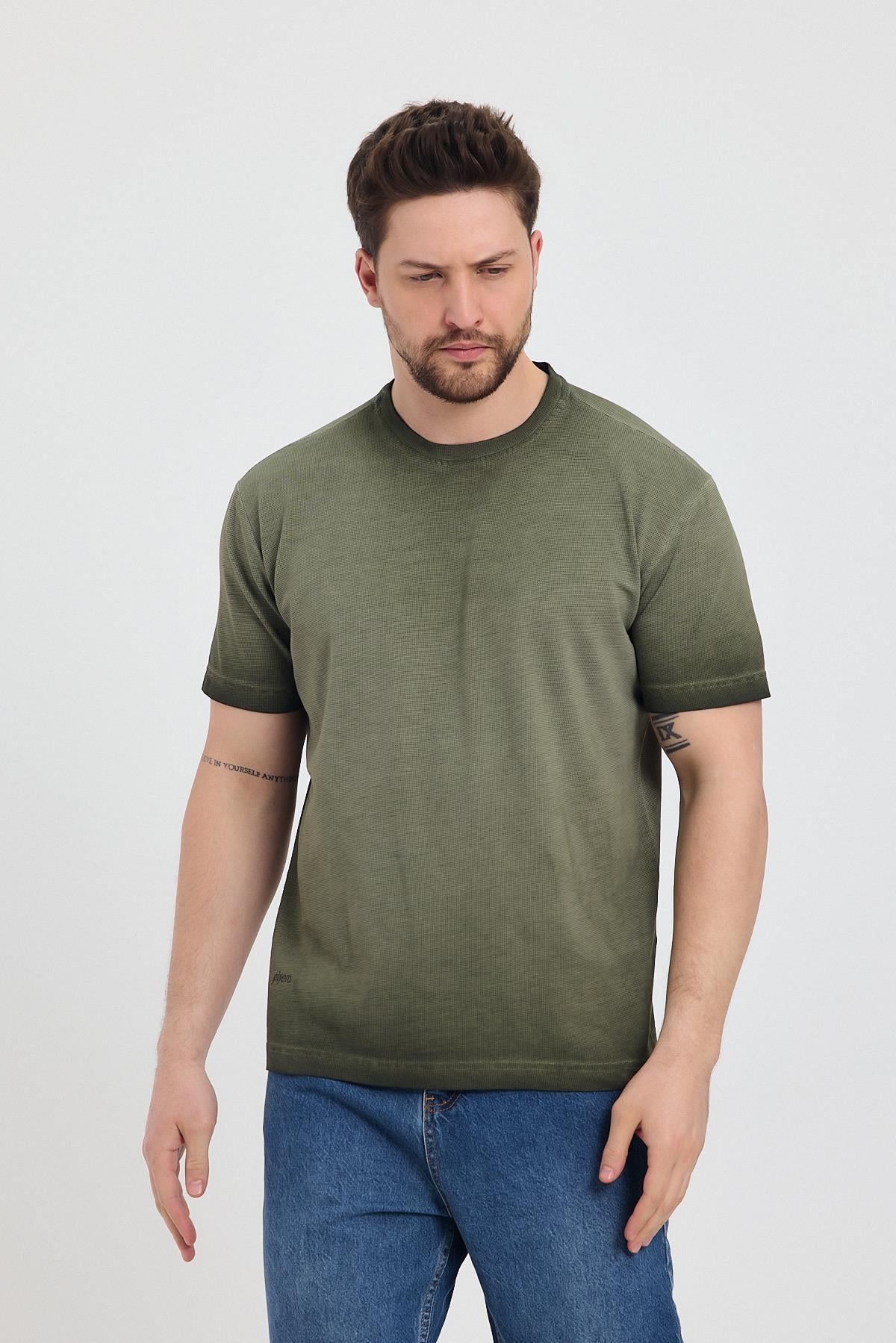 Erkek Haki Bisiklet Yaka Yıkamalı Basic T-shirt - 165