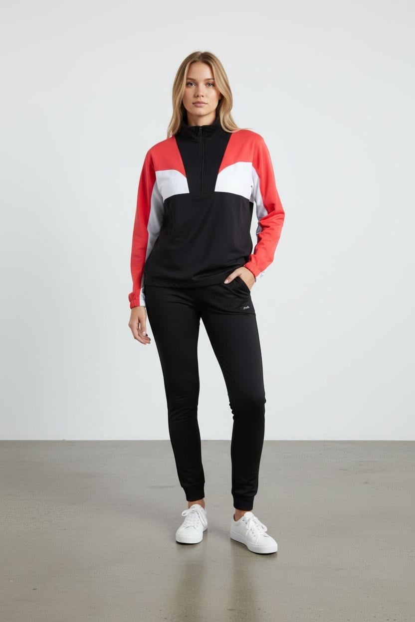 Kadın İki İplik Dik Fermuarlı Yaka Lastikli Paça Uzun Kollu Siyah Eşofman Takımı - 7774