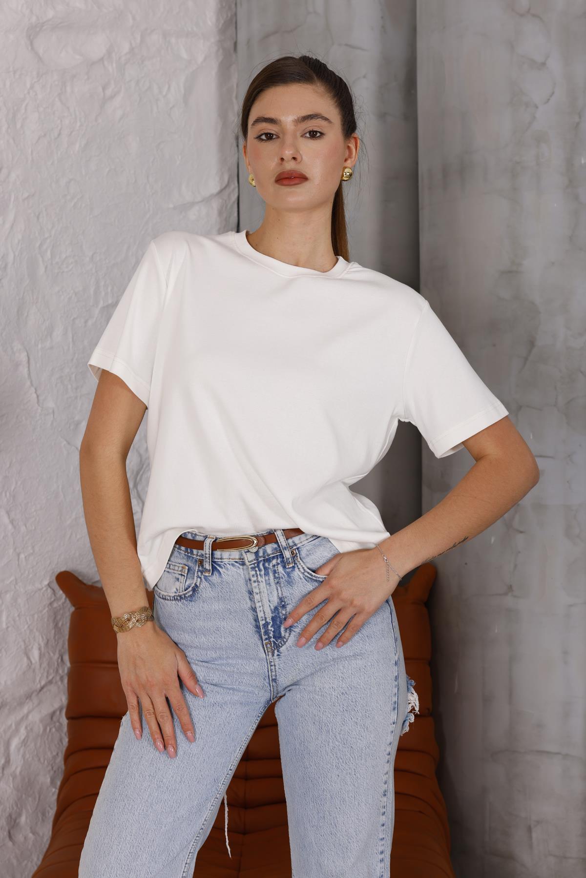 Kadın Ekru Bisiklet Yaka Basic T-shirt - 168