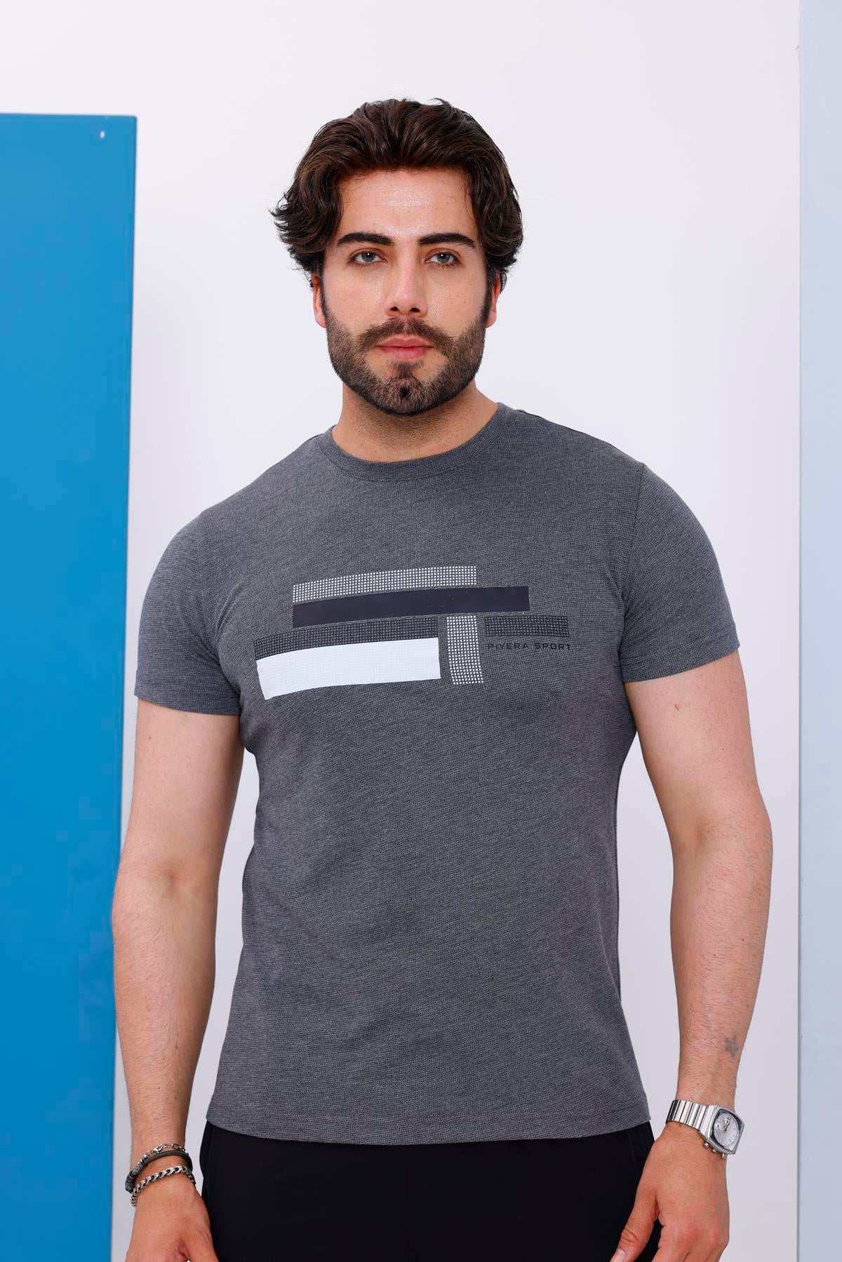Erkek Antrasit Bisiklet Yaka Baskılı T-shirt - 170