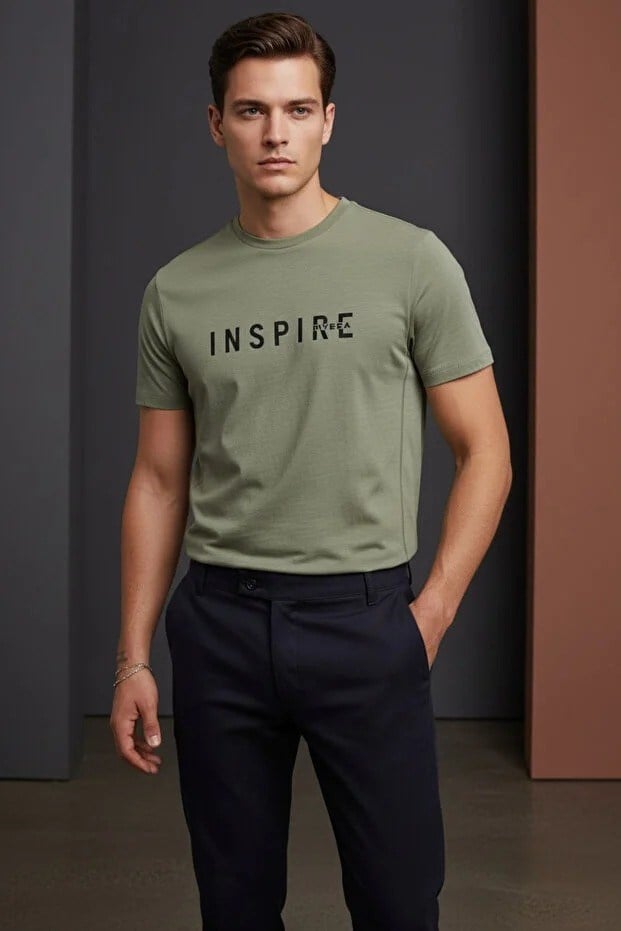 Erkek Mavi Inspire Baskılı Süprem Kumaş Tişört Slim Fit Pamuklu Yazlık Erkek T-Shirt Açık Haki-181