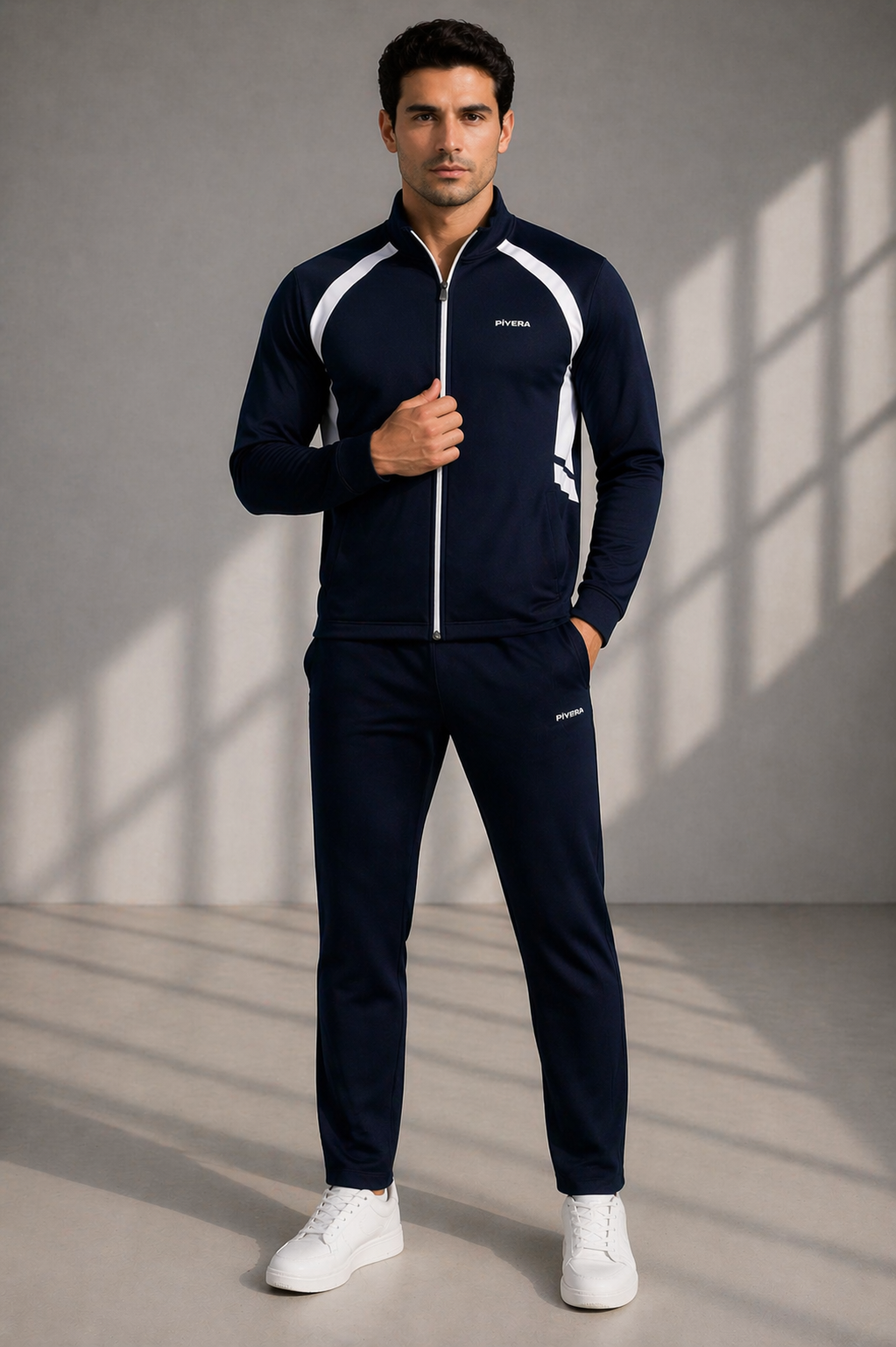 Erkek Double Face Kumaş Fermuarlı Dik Yaka Lacivert Beyaz Eşofman Takımı - 7942
