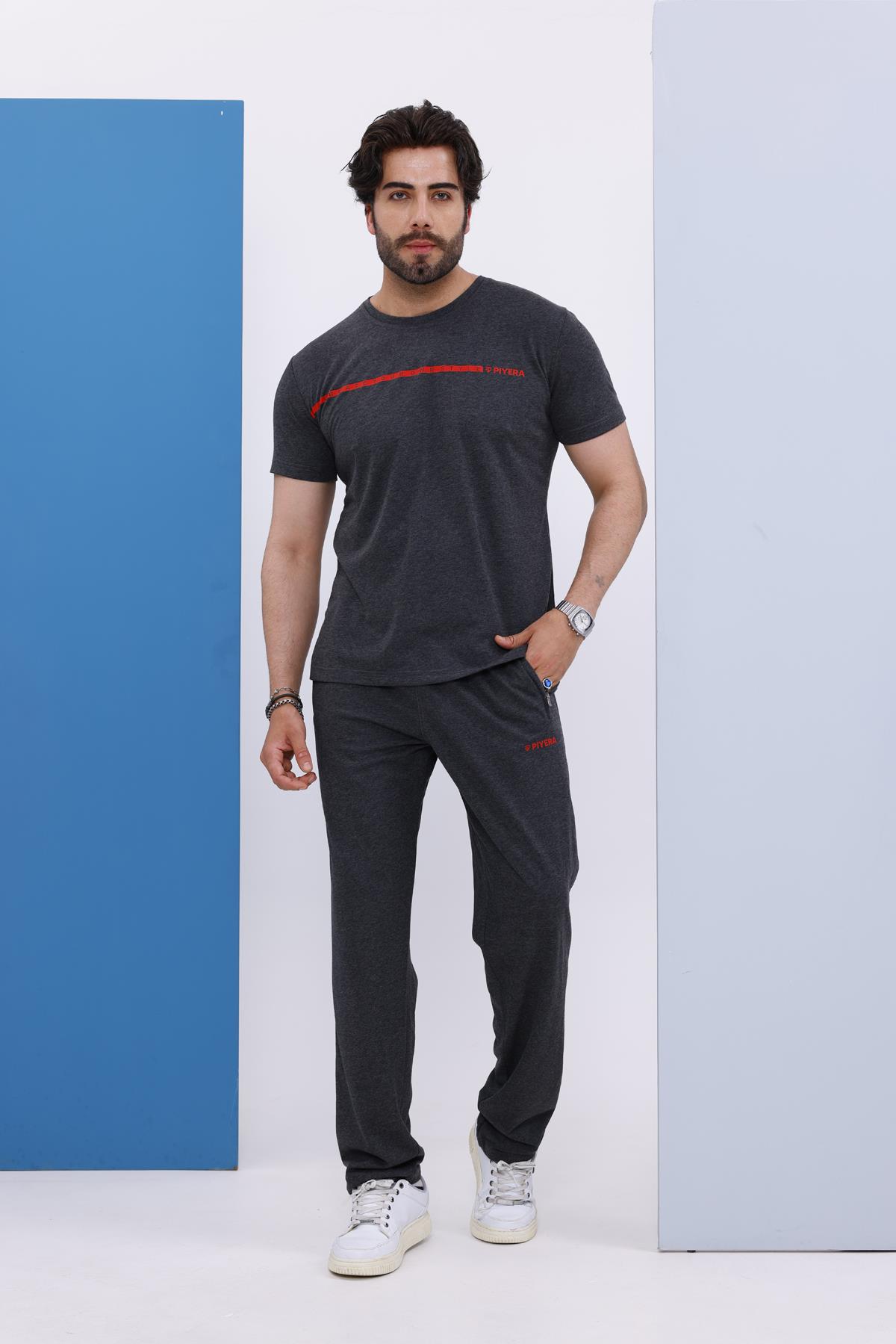 Erkek Battal Beden Amerikan Pike Kumaş Antrasit Bisiklet Yaka T-shirt Alt-üst Takımı - 133