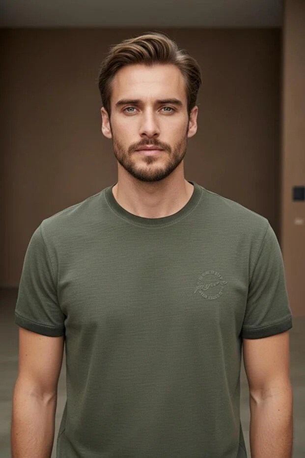 Erkek Basic Tişört Slim Fit Bisiklet Yaka Pamuklu Rahat Günlük T-Shirt Koyu Haki -179