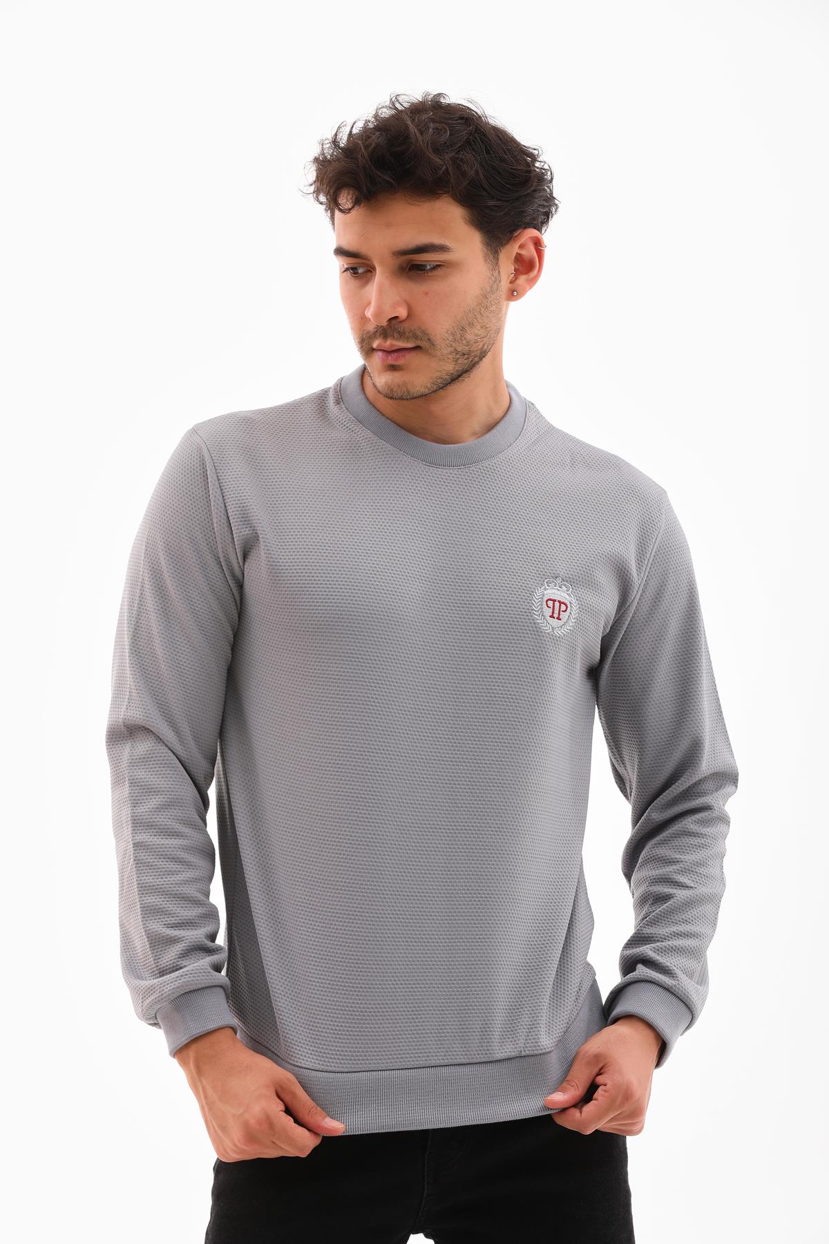 Erkek Açık Gri Renk Mare Jaker Kumaş, Bisiklet Yaka Uzun Kollu Üst Sweat - 7656