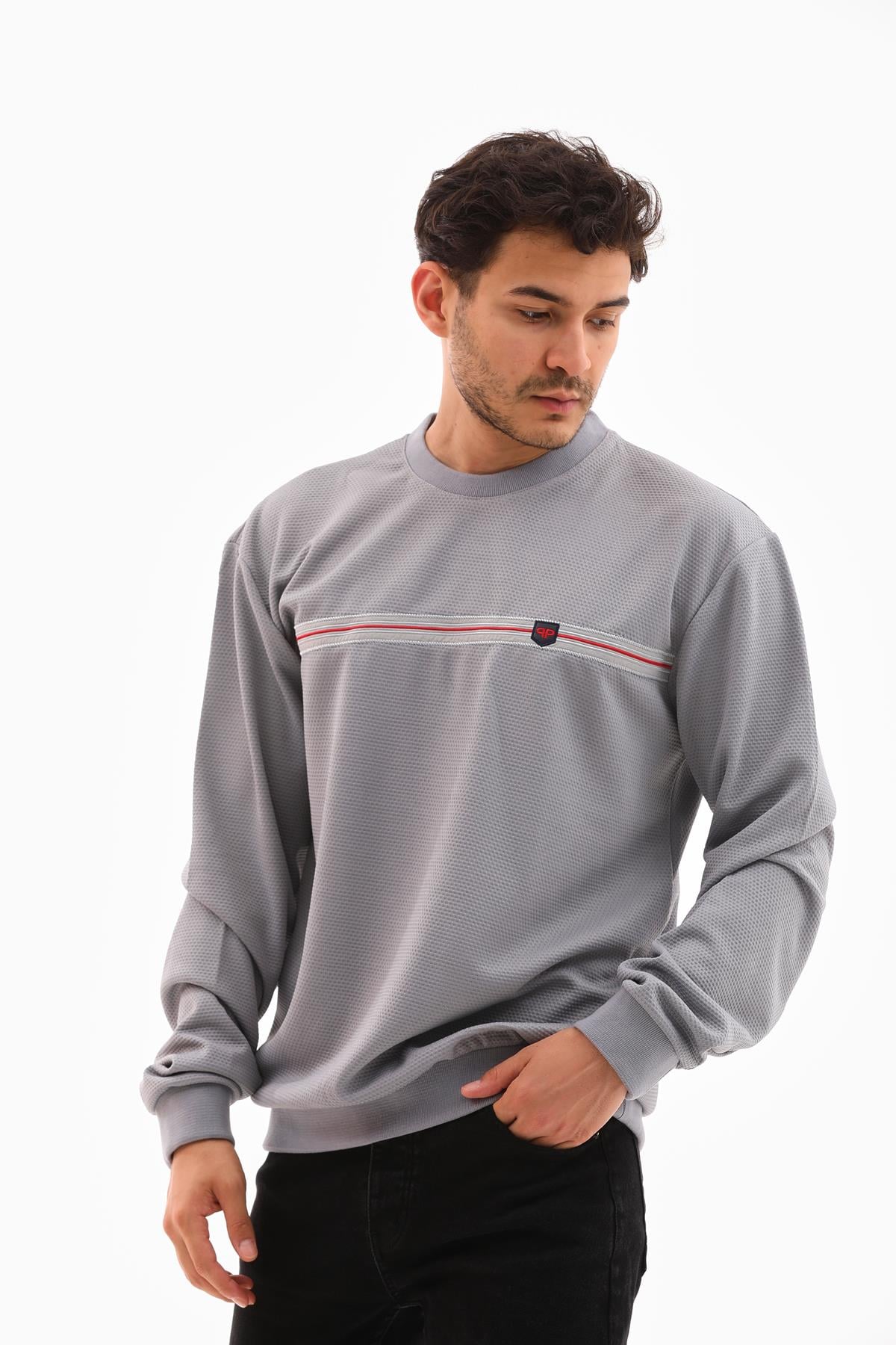 Erkek Açık Gri Renk Mare Jaker Kumaş - Bisiklet Yaka Uzun Kol, Gögüste Şerit Nakış Sweat - 7657