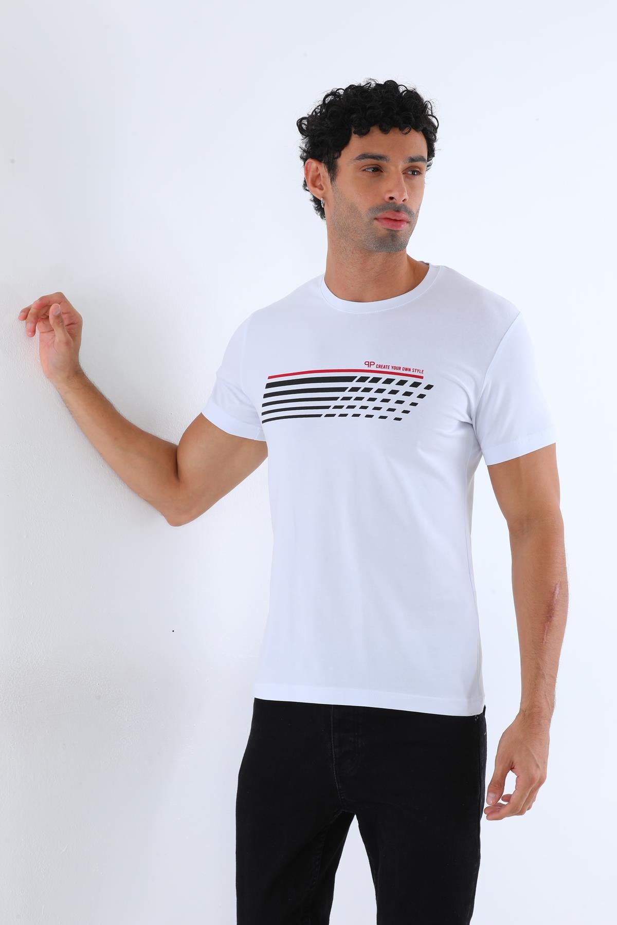 Erkek Baskılı Bisiklet Yaka %100 Pamuk Kısa Kol Tişört