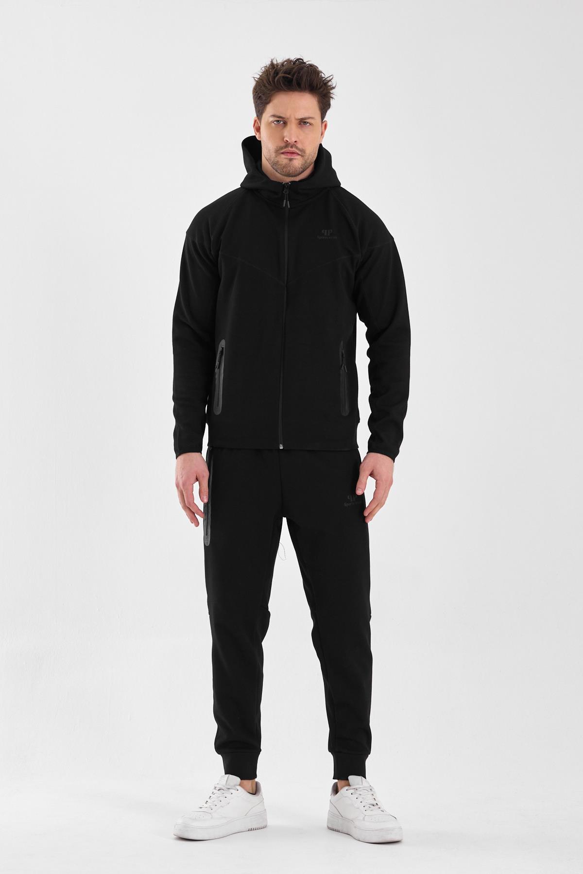 Erkek Double Face Kapüşonlu Fermuar Kapamalı Cepli Lastikli Paça Siyah Eşofman Takımı - 7763