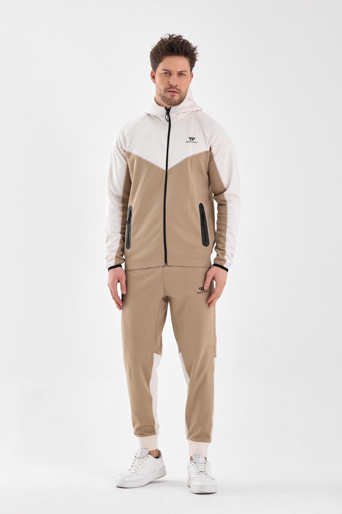 Erkek Double Face Kapüşonlu Fermuar Kapamalı Cepli Lastikli Paça Bej Krem Eşofman Takımı - 7763