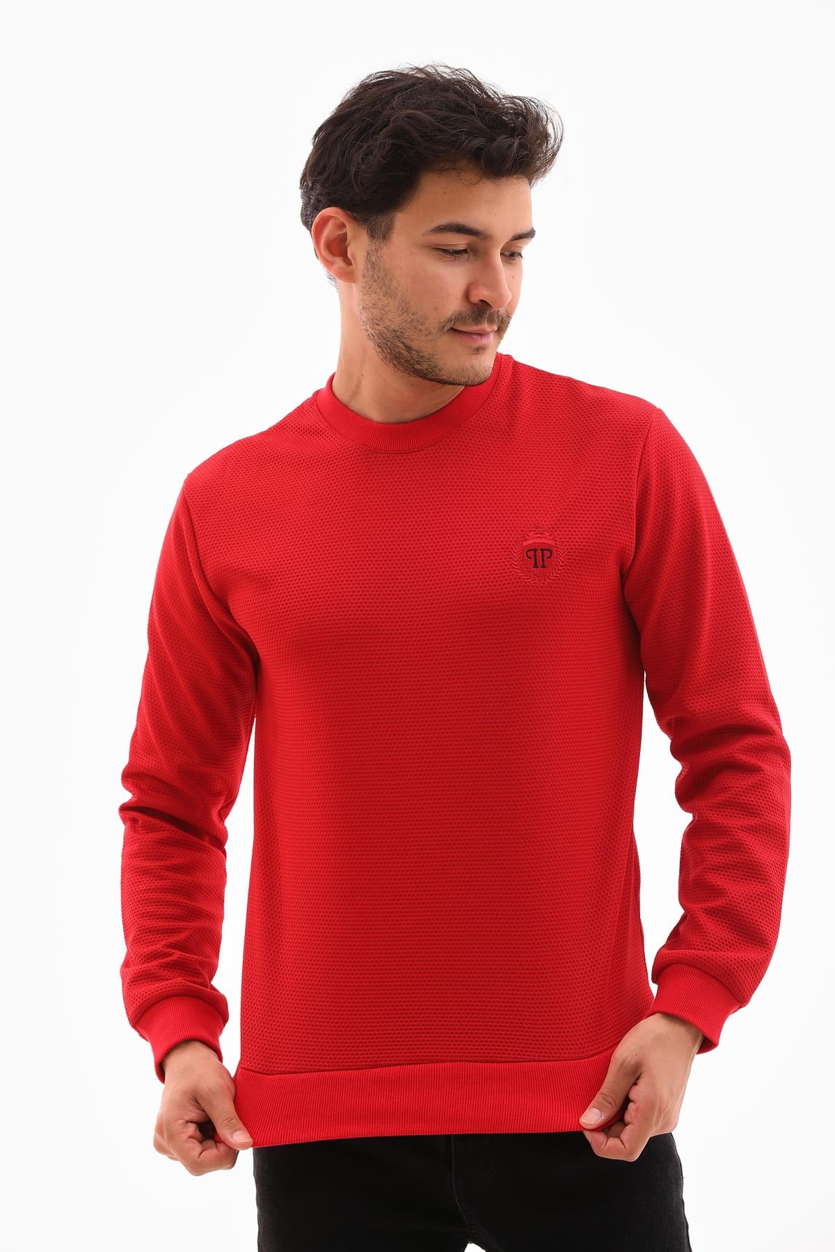 Erkek Kırmızı Renk Mare Jaker Kumaş, Bisiklet Yaka Uzun Kollu Üst Sweat - 7656
