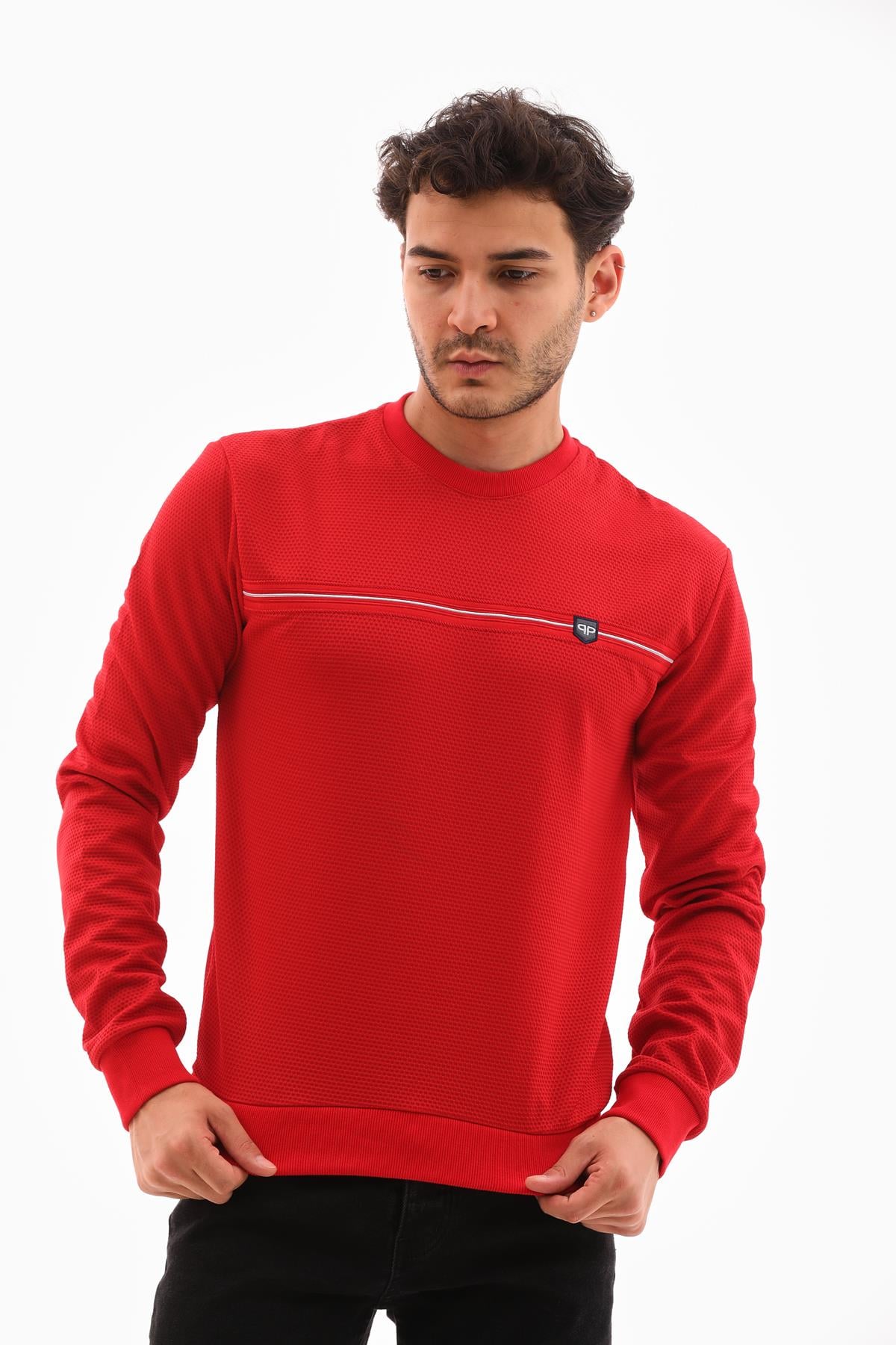 Erkek Kırmızı Renk Mare Jaker Kumaş - Bisiklet Yaka Uzun Kol, Gögüste Şerit Nakış Sweat - 7657