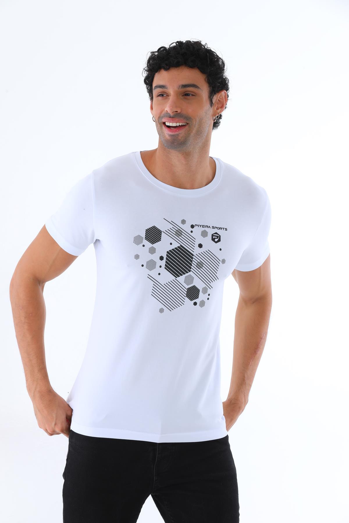Erkek Kısa Kol Geometrik Baskılı Bisiklet Yaka Tişört