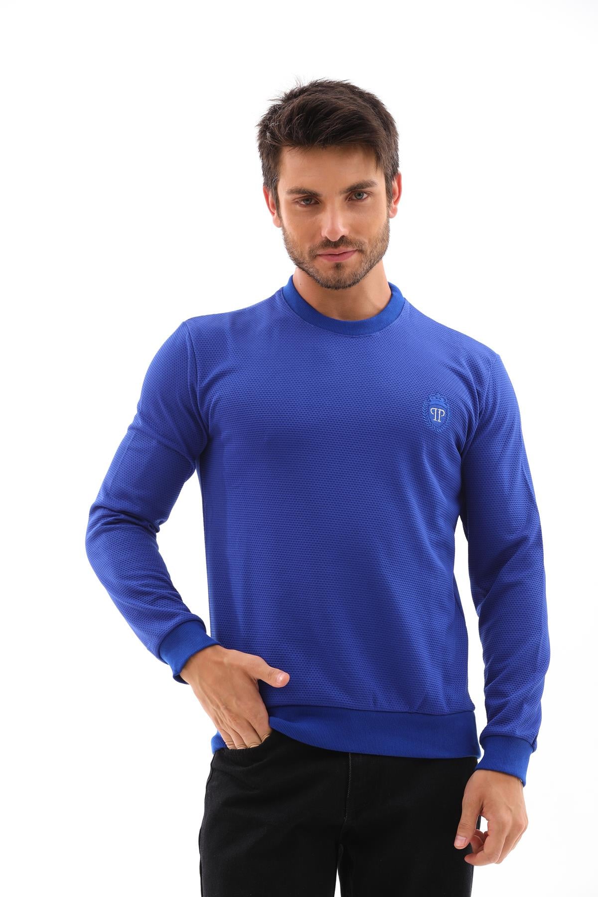 Erkek Saks Mavi Renk Mare Jaker Kumaş, Bisiklet Yaka Uzun Kollu Üst Sweat - 7656
