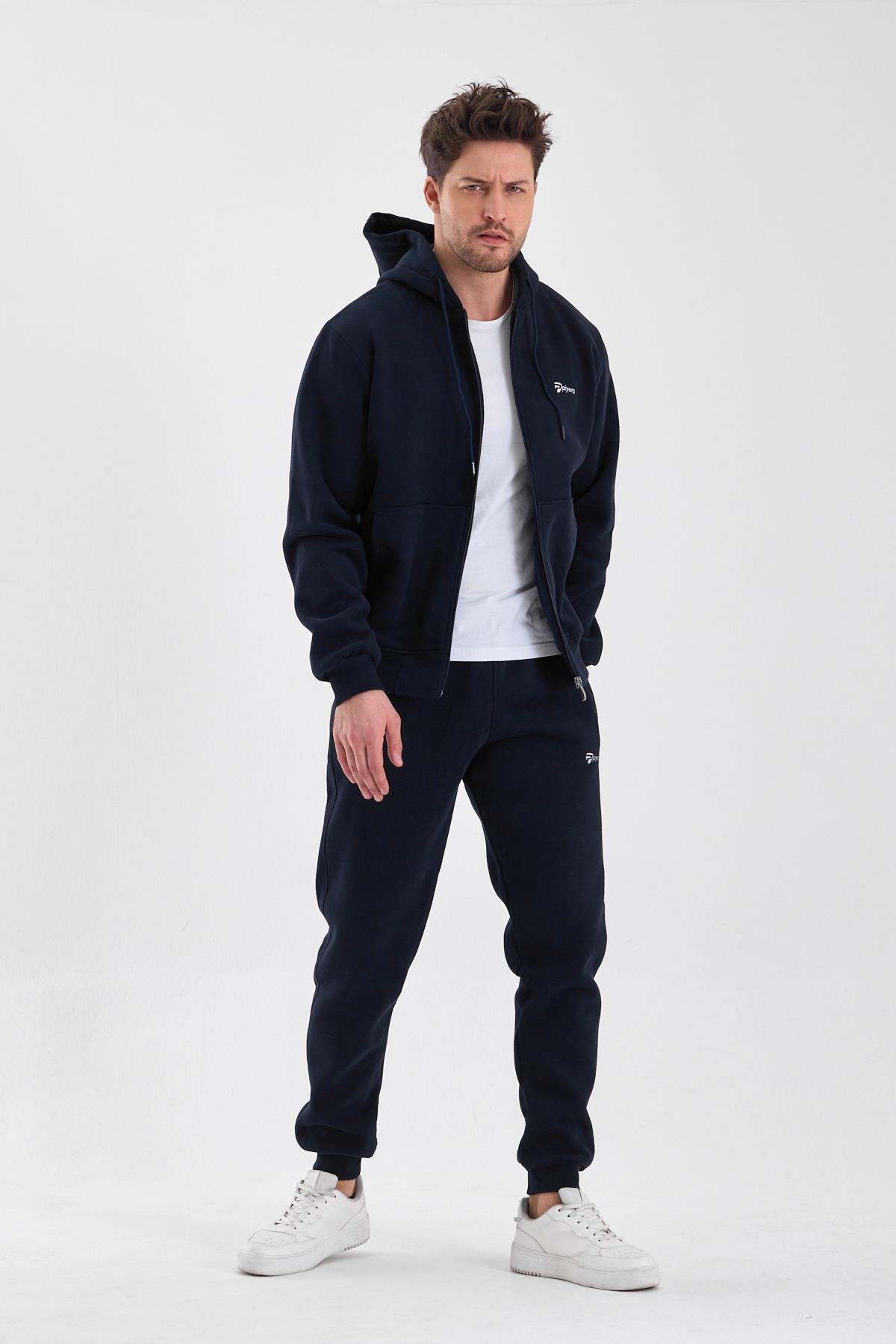 Erkek Üç İplik Kapüşonlu Fermuar Kapamalı Cepli Lastikli Paça Açık Lacivert Beyaz Eşofman Takımı - 7763