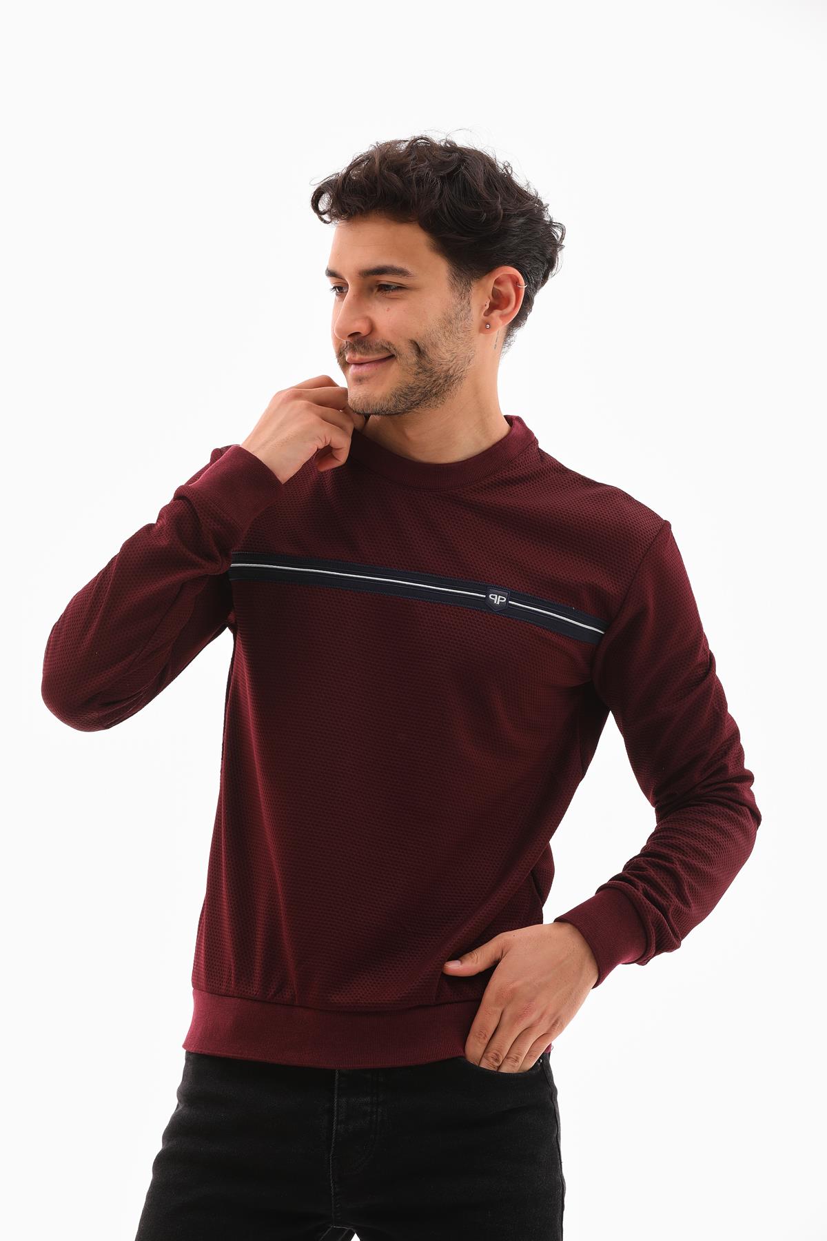 Erkek Vişne Renk Mare Jaker Kumaş - Bisiklet Yaka Uzun Kol, Gögüste Şerit Nakış Sweat - 7657