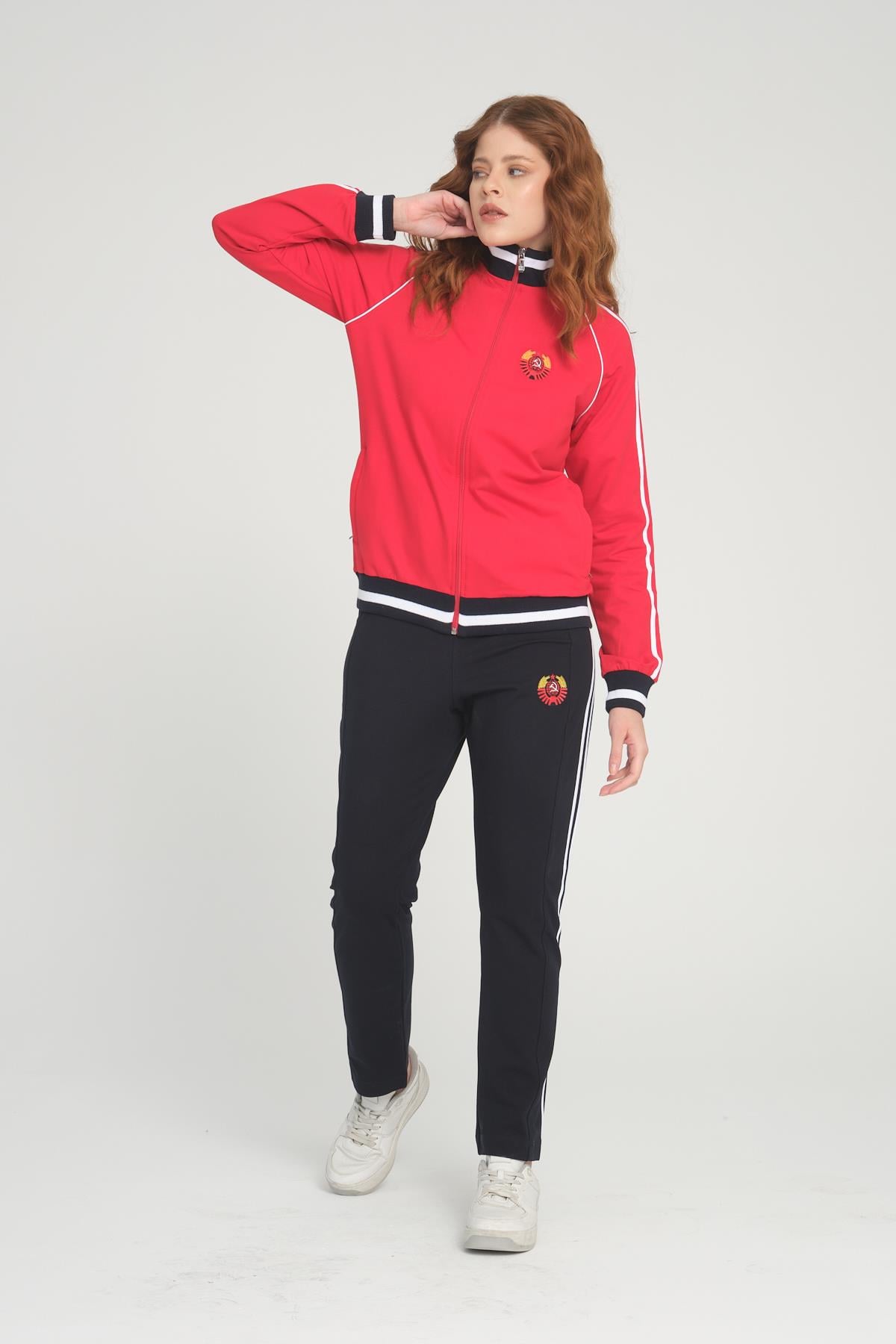 Kadın Sportswear Kırmızı Fermuarlı Uzun Kol Alt Üst Eşofman Cepli Takım - 7663