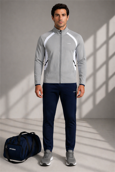 Erkek Double Face Kumaş Fermuarlı Dik Yaka Gri Beyaz Eşofman Takımı - 7942