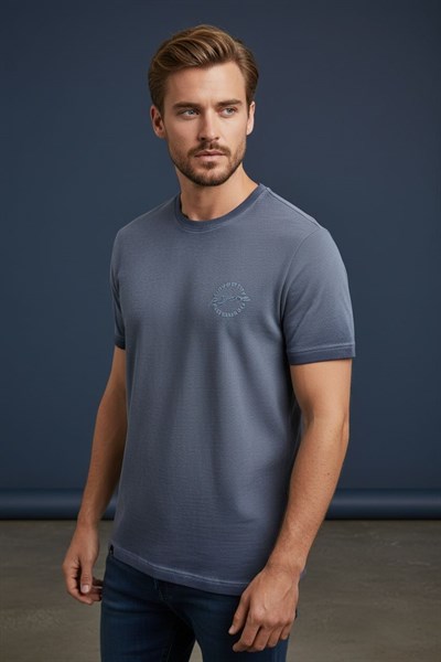 Erkek Basic Tişört Slim Fit Bisiklet Yaka Pamuklu Rahat Günlük T-Shirt Renk :Açık Lacivert-179