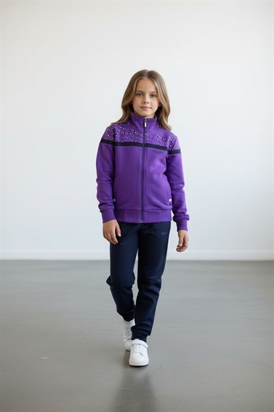 Kız Çocuk Lastikli Paça Fermuarlı Lila Eşofman Takımı - 40006