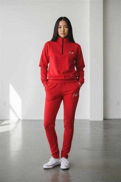 Kadın Kırmızı İki İplik Dik Yaka Fermuarlı Eşofman Takımı - 76488