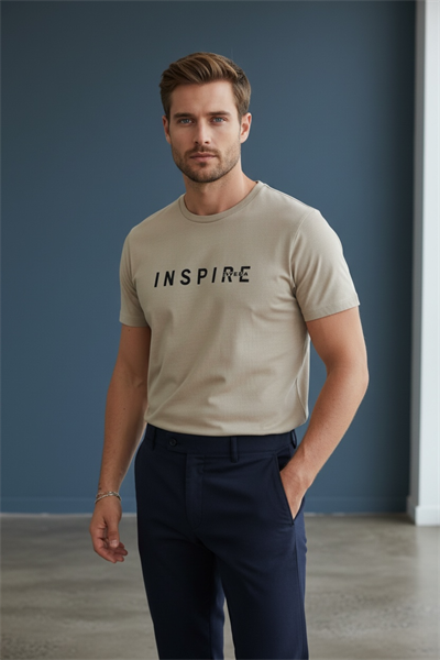 Erkek Inspire Baskılı Süprem Kumaş Tişört Slim Fit Pamuklu Yazlık Erkek T-Shirt Hardal-181