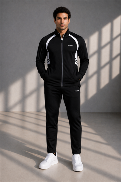 Erkek Double Face Kumaş Fermuarlı Dik Yaka Siyah Beyaz Eşofman Takımı - 7942