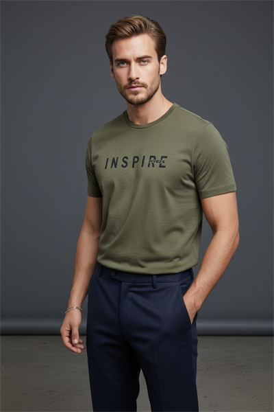 Erkek Inspire Baskılı Süprem Kumaş Basic Tişört Slim Fit Pamuklu Erkek T-Shirt Koyu Haki-181