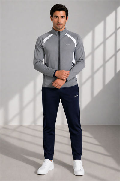 Erkek Double Face Kumaş Fermuarlı Dik Yaka Füme Beyaz Eşofman Takımı - 7942