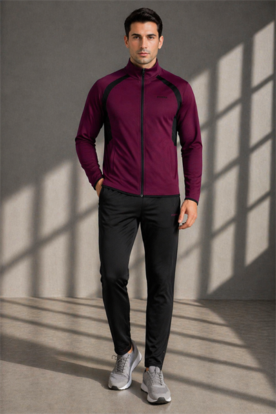 Erkek Double Face Kumaş Fermuarlı Dik Yaka Vişne Siyah Eşofman Takımı - 7942