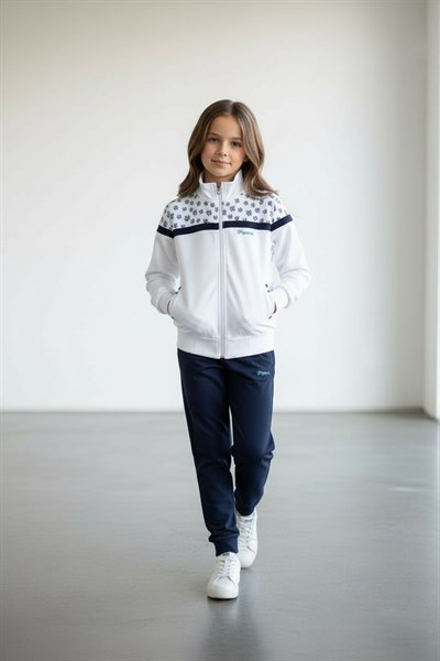 Kız Çocuk Lastikli Paça Fermuarlı Beyaz Eşofman Takımı - 40006