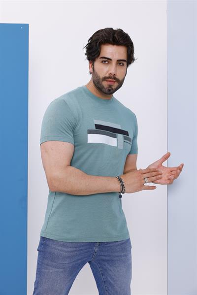 Erkek Yeşil Bisiklet Yaka Baskılı T-shirt - 170