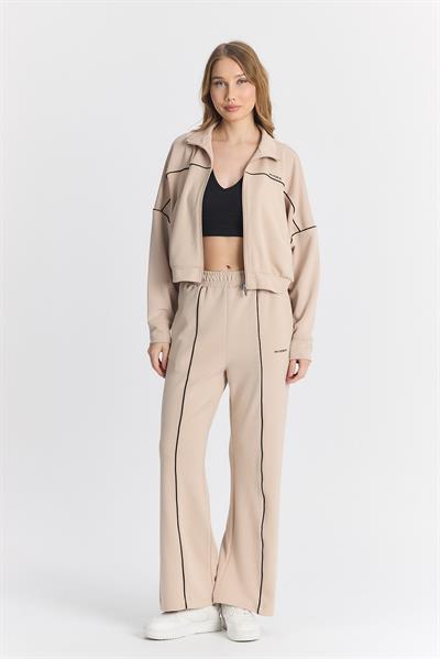 Kadın Oyysho Kumaş Düşük Kol Rahat Crop Fermuarlı Geniş Paça Bej Eşofman Takımı - 7807