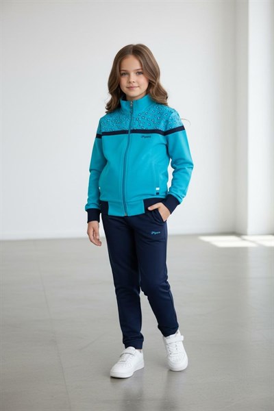 Kız Çocuk Lastikli Paça Fermuarlı Turkuaz Eşofman Takımı - 40006