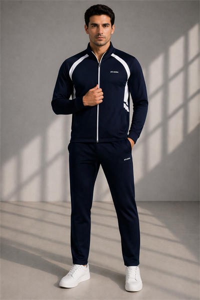 Erkek Double Face Kumaş Fermuarlı Dik Yaka Lacivert Beyaz Eşofman Takımı - 7942