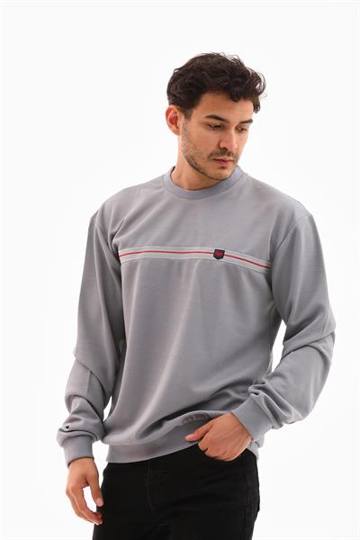 Erkek Açık Gri Renk Mare Jaker Kumaş - Bisiklet Yaka Uzun Kol, Gögüste Şerit Nakış Sweat - 7657