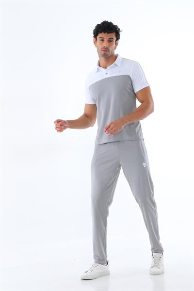 Erkek Kombin Gri Merserize Kumaş Polo Yaka Omuz Çizgili Kısa Kollu T-Shirt, Gri Eşofman Alt Üst Takım - 151