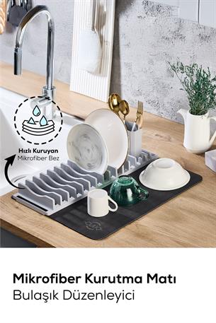 2li Pratik Bulaşık Kurutma Matı ve Düzenleyici Set Gri