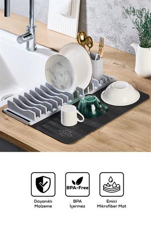 2li Pratik Bulaşık Kurutma Matı ve Düzenleyici Set Gri