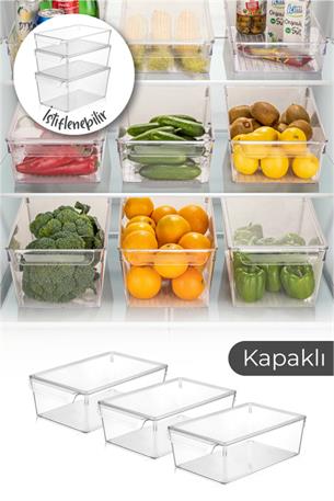 3 Adet Kapaklı Buzdolabı Organizeri Orta.