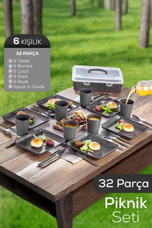 32 Parça 6 Kişilik Taşınabilir Piknik Seti - Saklama Kutulu Antrasit