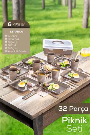 32 Parça 6 Kişilik Taşınabilir Piknik Seti - Saklama Kutulu Antrasit